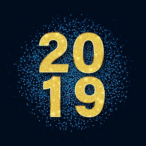 Tarjeta de Año Nuevo 2019 con figuras doradas brillantes y confeti azul . — Vector de stock