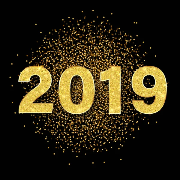 Tarjeta Feliz Año Nuevo 2019 con figuras doradas brillantes y confeti . — Vector de stock