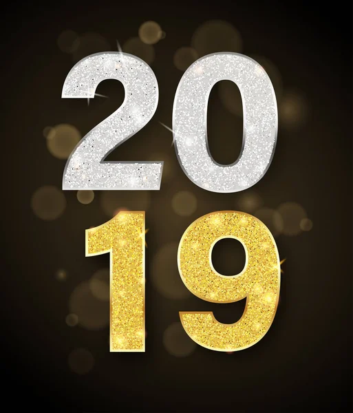 Signo de Año Nuevo 2019 con figuras brillantes sobre fondo borroso . — Vector de stock