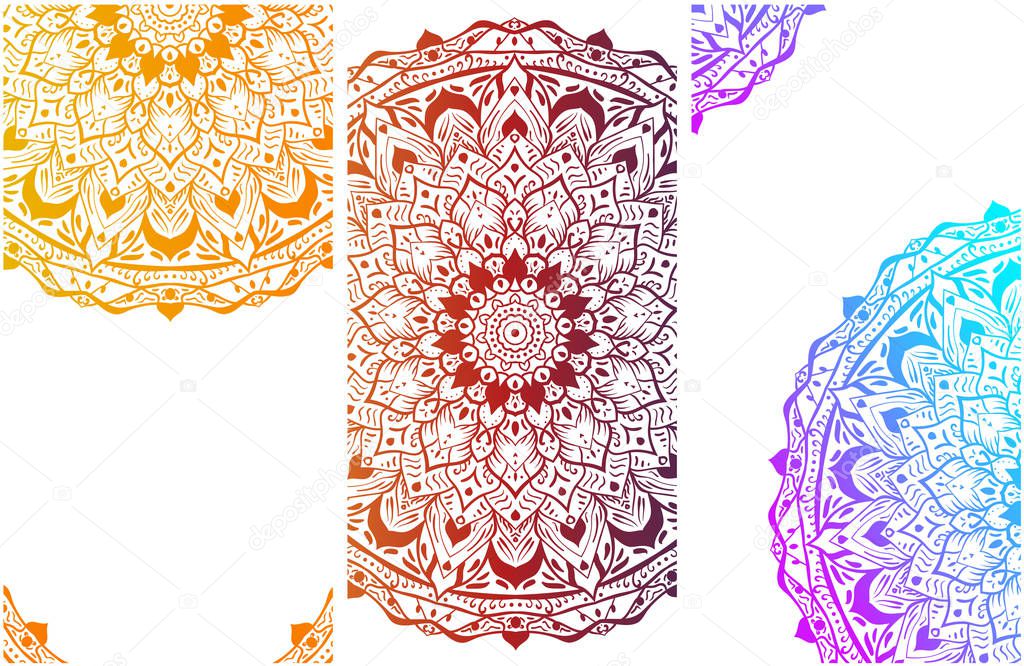 White backgrounds with colorful mandalas.