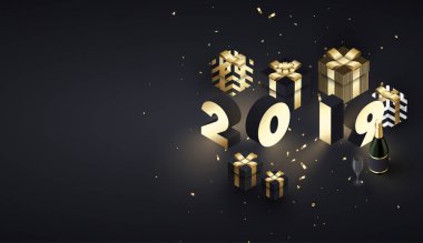 Mutlu yeni yıl 2019 poster altın 3d hediyeler ve şampanya ile.