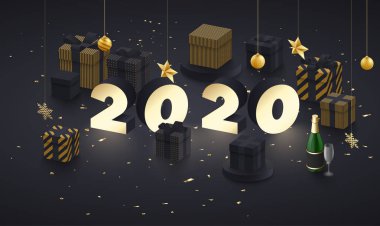 Mutlu yeni yıl 2020 tebrik kartı altın 3d hediyeler ve şampiyon