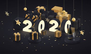 Yeni yıl 2020 kartıyla altın 3d hediyeler, şampanya ve konfeti.