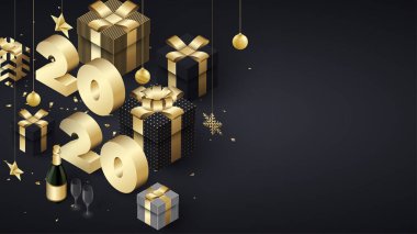 Mutlu yeni yıl 2020 arka plan altın ile 3d hediyeler ve şampanya.