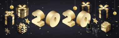 Mutlu yeni yıl 2020 afiş altın 3d hediyeler ve Noel de ile