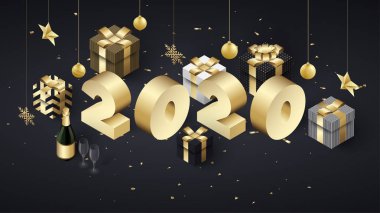 Mutlu yeni yıl 2020 tebrik kartı altın 3d hediyeler ve şampiyon