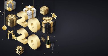 Altın 3d hediyelerle mutlu yeni yıl 2020 tebrik kartı.