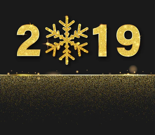 Cartel brillante negro feliz año nuevo 2019 con copo de nieve dorado . — Vector de stock