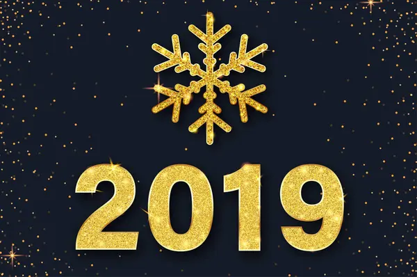 Feliz Año Nuevo 2019 tarjeta con copo de nieve de oro y confeti . — Vector de stock