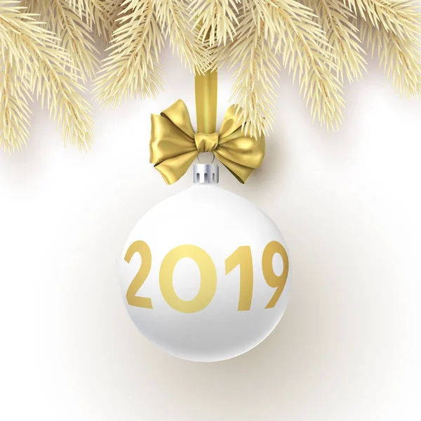 Tarjeta de Navidad y Año Nuevo 2019 con ramas de abeto y 3d blanco — Vector de stock