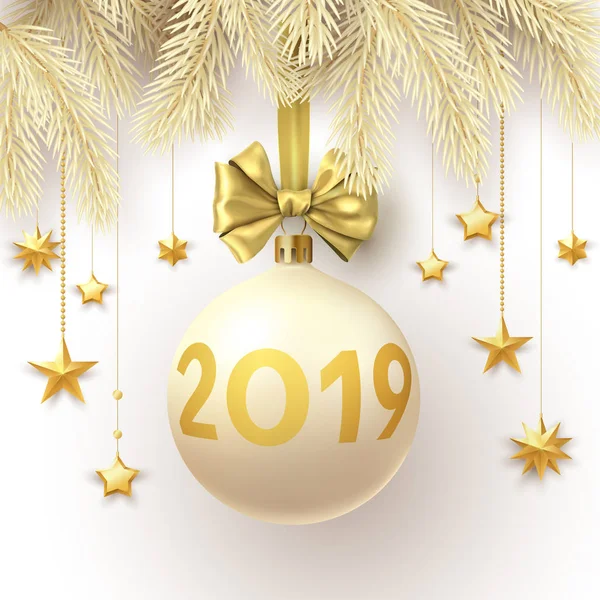 Tarjeta de Navidad y Año Nuevo 2019 con ramas de abeto, Navidad ba — Vector de stock
