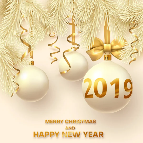 Tarjeta de Navidad Amarilla y Año Nuevo 2019 con ramas de abeto, Chris — Vector de stock