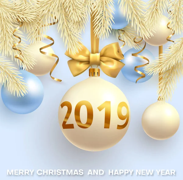 Tarjeta azul Navidad y Año Nuevo 2019 con ramas de abeto amarillo , — Vector de stock