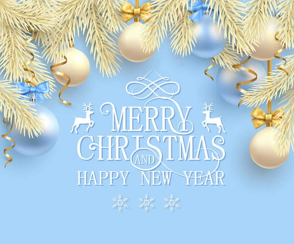 Kék karácsonyi és újévi kártya-val sárga fenyő ágak, Chris — Stock Vector