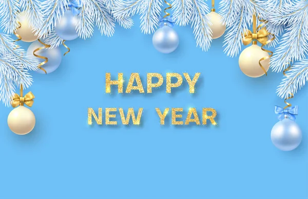 Affiche Bonne Année bleue avec branches de sapin et boules de Noël — Image vectorielle