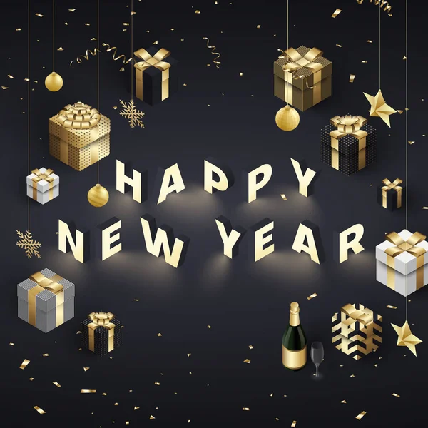 Bonne année carte de vœux avec des cadeaux 3D dorés et Champagne . — Image vectorielle
