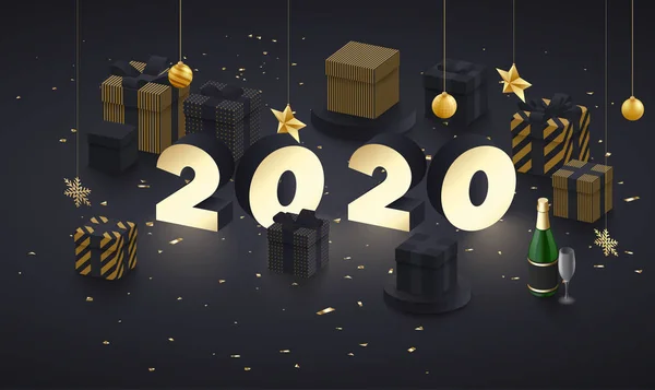 黄金の 3 d 贈り物やチャンピオンと幸せな新年 2020年グリーティング カード — ストックベクタ