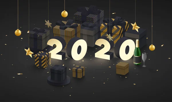 黄金 3 d プレゼントとシャンパンの幸せな新しい年 2020年ポスター. — ストックベクタ