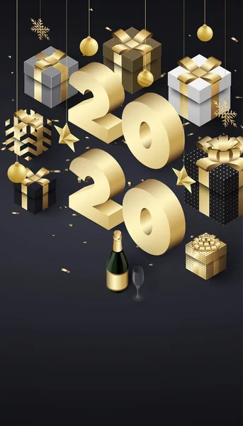Boldog új évet 2020 kártya arany 3D-s-ajándékokat és pezsgővel. — Stock Vector