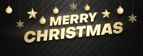 Merry Christmas banner with golden 3d Christmas decorations. Vector background.