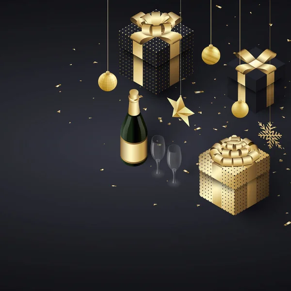 Χριστούγεννα και Πρωτοχρονιά κάρτα με χρυσή 3d δώρα, σαμπάνια και — Διανυσματικό Αρχείο