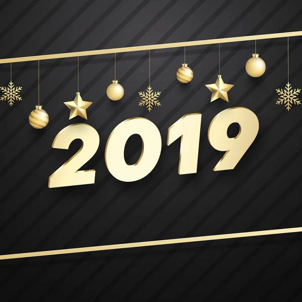 Feliz Año Nuevo 2019 Tarjeta Con Bolas Oro Navidad Figuras — Vector de stock