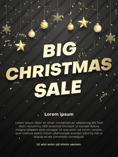 Stora jul försäljning promo affisch med guld julgranskulor och co — Stock vektor