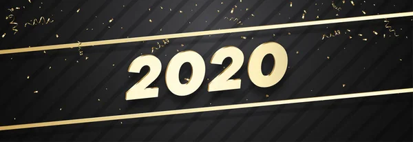 Banner negro de Año Nuevo 2020 con figuras de oro y confeti . — Archivo Imágenes Vectoriales