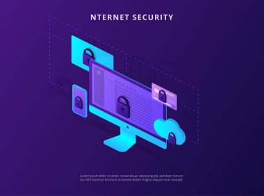 Internet security. Açılış sayfası şablonu izometrik cihazlar ile.