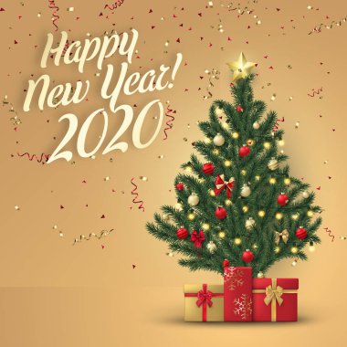 Noel ağacı ve hediye ile mutlu yeni yıl 2020 kartı.