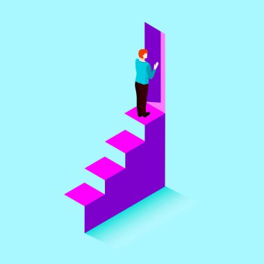 Human on stairs in front of door. vector Human on stairs in front of door. vector
