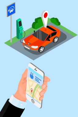 Elektrikli araba şarj ve el ile smartphone.