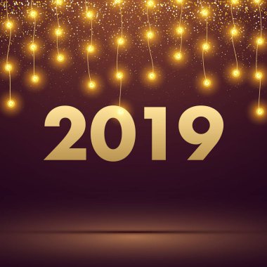 Mutlu yeni yıl 2019 Altın dekoratif ışıklar parlak kartıyla ve