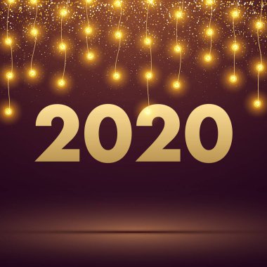 Mutlu yeni yıl 2020 Altın dekoratif ışıklar parlak kartıyla ve