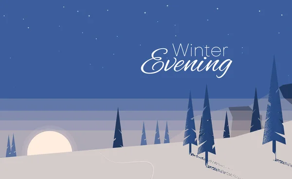 Kvällen blå vinterlandskap med granar och snö. — Stock vektor