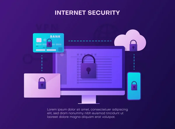 Seguridad en Internet. Plantilla de landing page con dispositivos . — Vector de stock