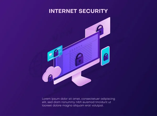 Seguridad en Internet. Plantilla de landing page con dispositivos isométricos . — Vector de stock