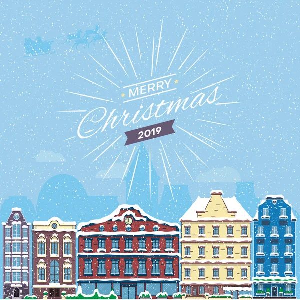 Merry Christmas 2019 greeting card with cityscape. — Stock Vector