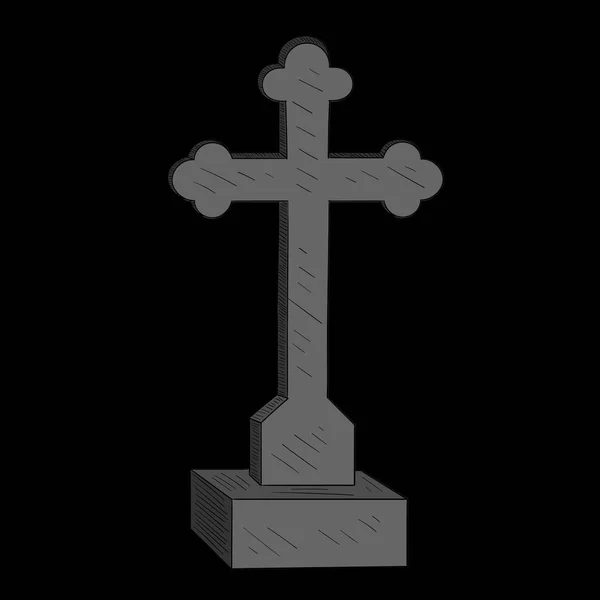 Grey Halloween tombstone with grave cross on black background. — Stock Vector