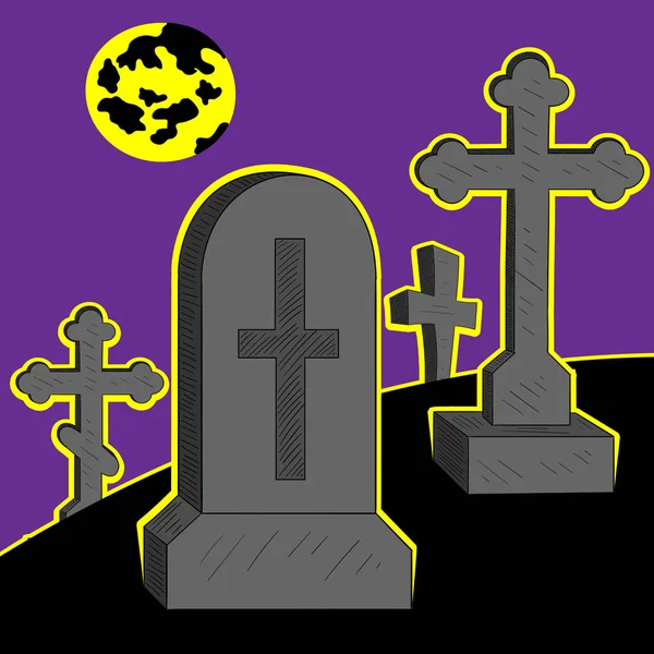 Cimitero notturno viola con tombe e croci e luna piena . — Vettoriale Stock