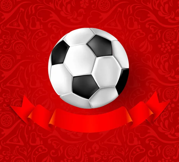 Червоний футбольний фон з футбольним м'ячем і російським орнаментом . — стоковий вектор