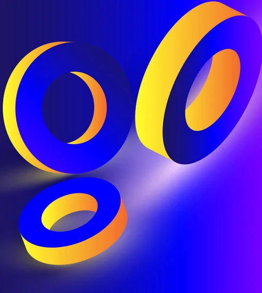 Gula geometriska 3d ringar på blå bakgrund. — Stock vektor