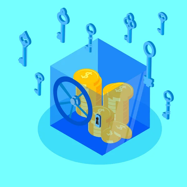 Guld penge i sikker og nøgler på blå baggrund . – Stock-vektor