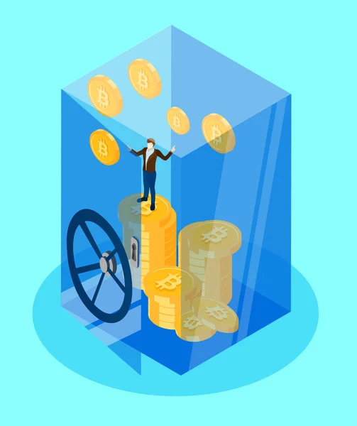 Man met goud geld in kluis op blauwe achtergrond. — Stockvector