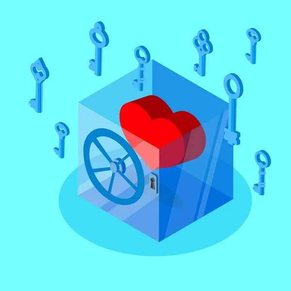 Corazón rojo en caja fuerte y llaves sobre fondo azul . — Vector de stock