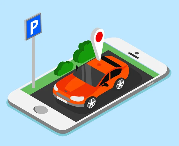 Bil parkering smartphoneapp på blå bakgrund. — Stock vektor