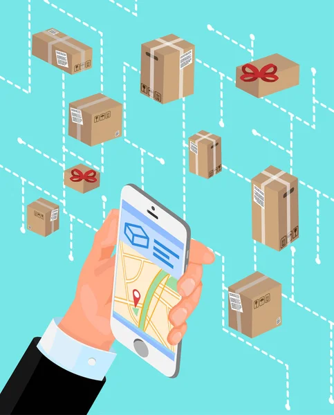 Delivery app background with smartphone and boxes. — Stock Vector