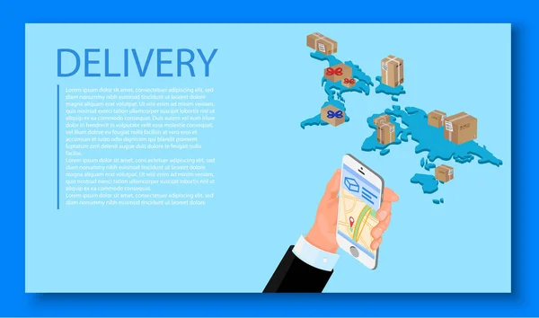 Delivery Blank Template Blue Background Smartphone World Map Boxes Vector — Stock Vector