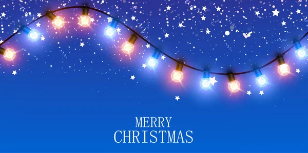 Feliz bandera de Navidad con guirnalda de linternas decorativas brillantes — Vector de stock