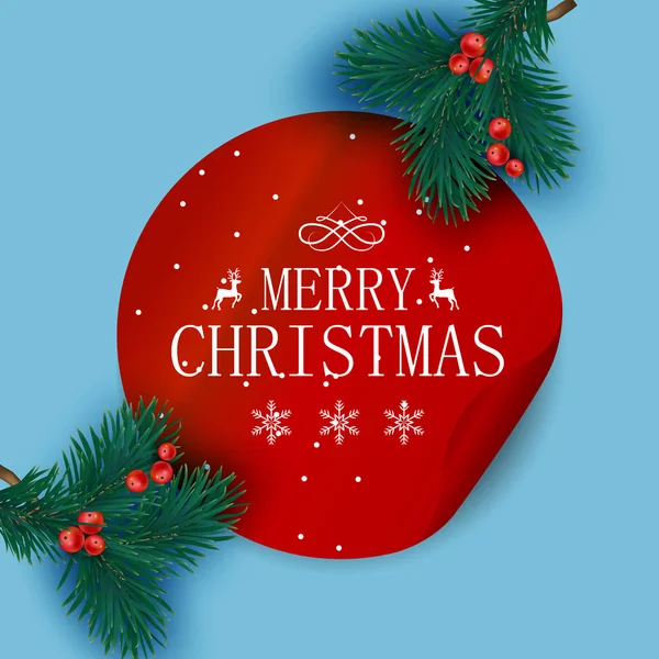 Frohe Weihnachtskarte mit rotem Festaufkleber und Tannenzweigen. — Stockvektor